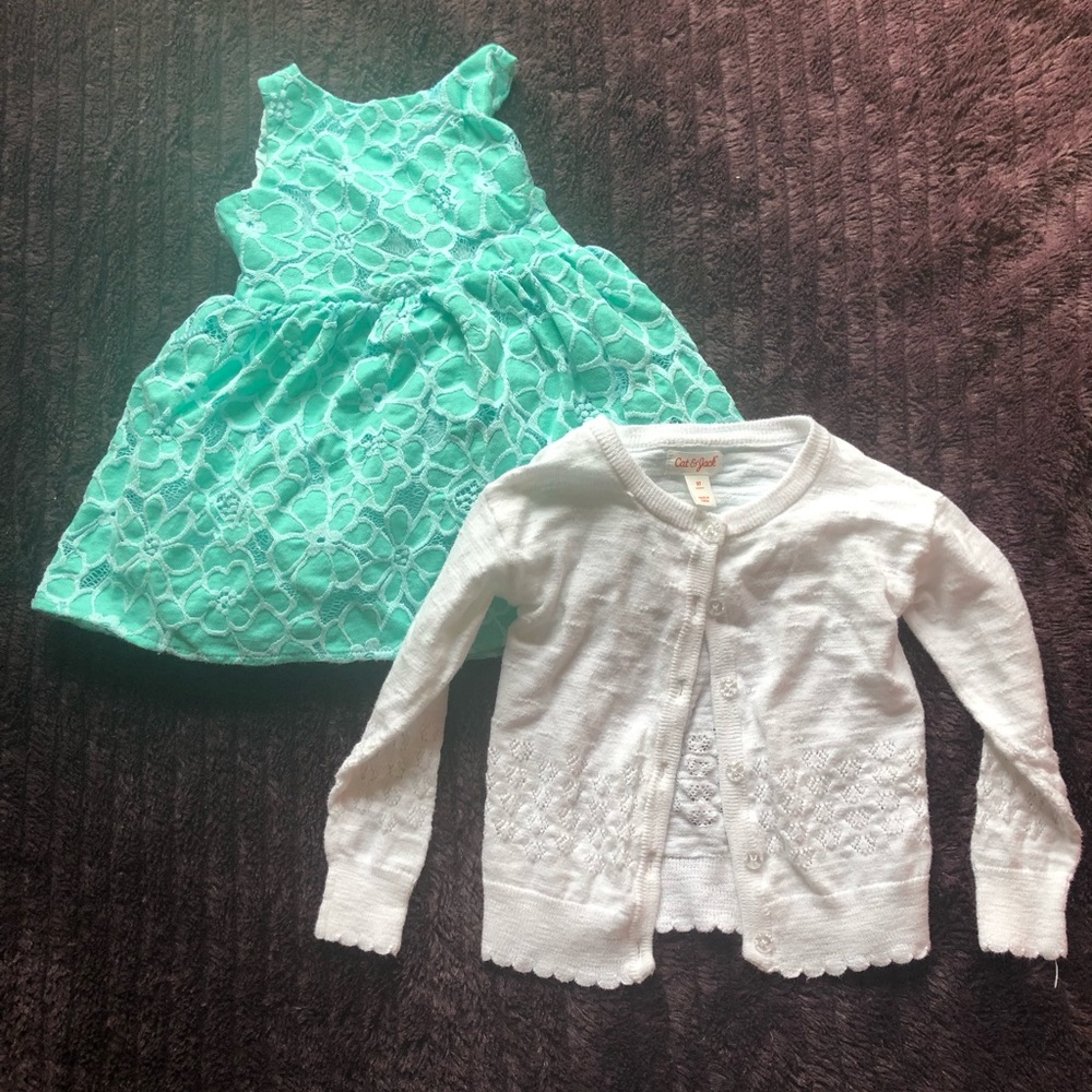 Teal dress and white sweater